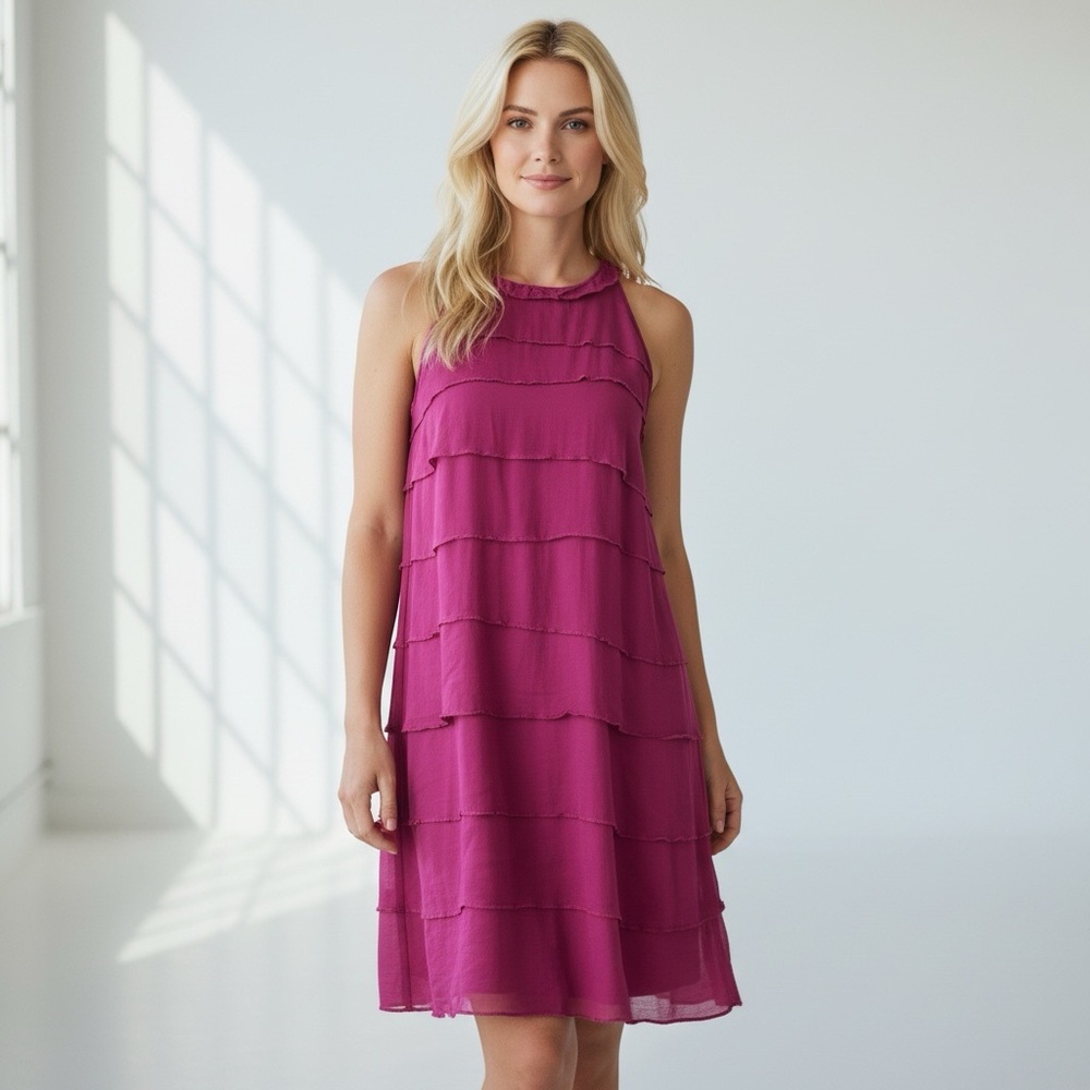 VINCE Silk Magenta Ruffle Tiered Halter-like Cocktail Dress NWOT SZ 10